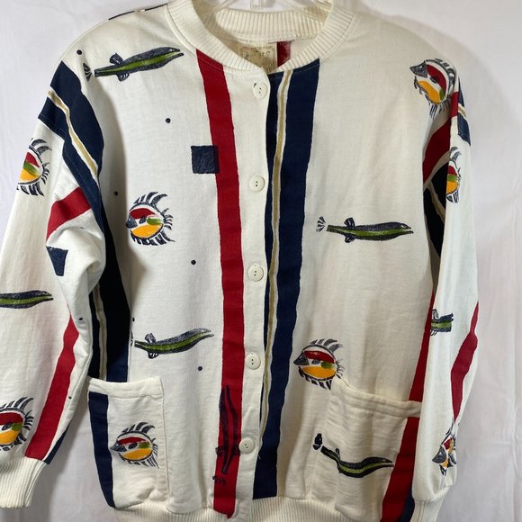 Play Alegre Nautical Print Ivory Long Sleeve Cardigan Sweater EUC Women One Size - Picture 10 of 14